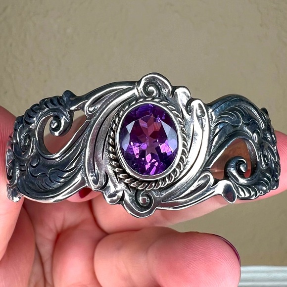 925 Sterling Silver Jewelry - Vintage Sterling Silver and Amethyst Cuff, Ornate Bracelet, February Birthstone